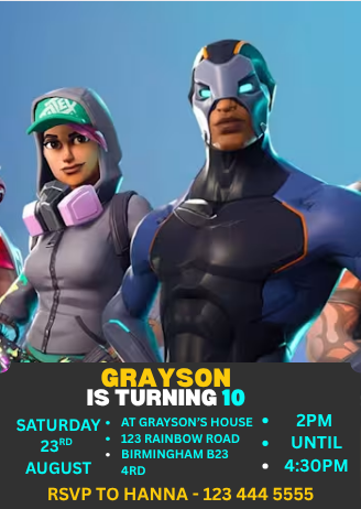 Fortnite Kids Birthday Theme Party Digital Invitation - Customizable Design Card Invites