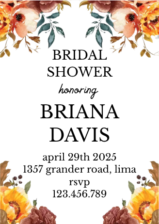 Autumn Flowers Theme Bridal Shower Card Invitation – Warm Floral Digita Invitation