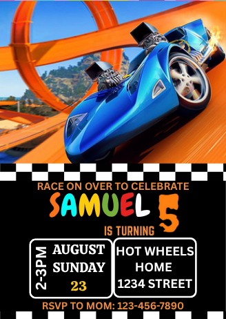 Hot Wheels Digital Birthday Invitation - Custom Race Themed Party Card invitation