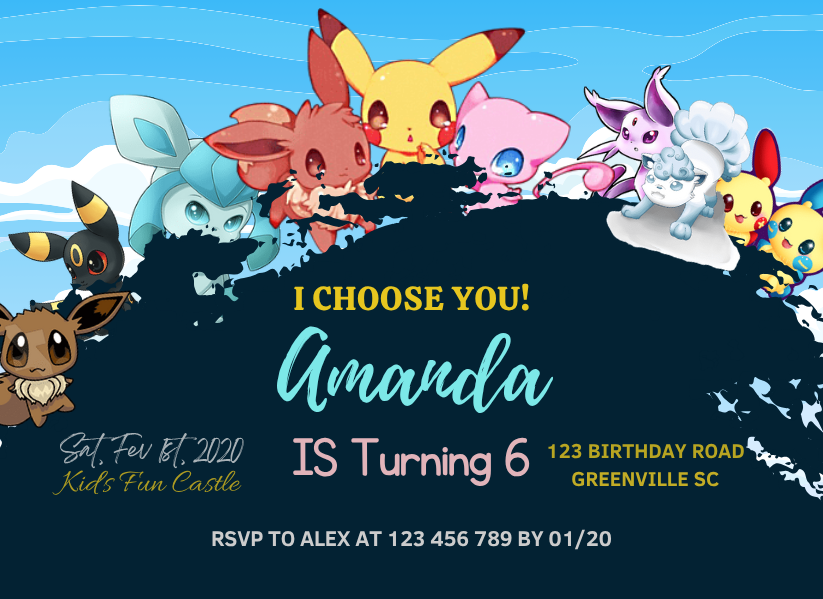 Cute Chibi Eevee Birthday Digital Invitation - Custom Digital Party Card Invite For Kids