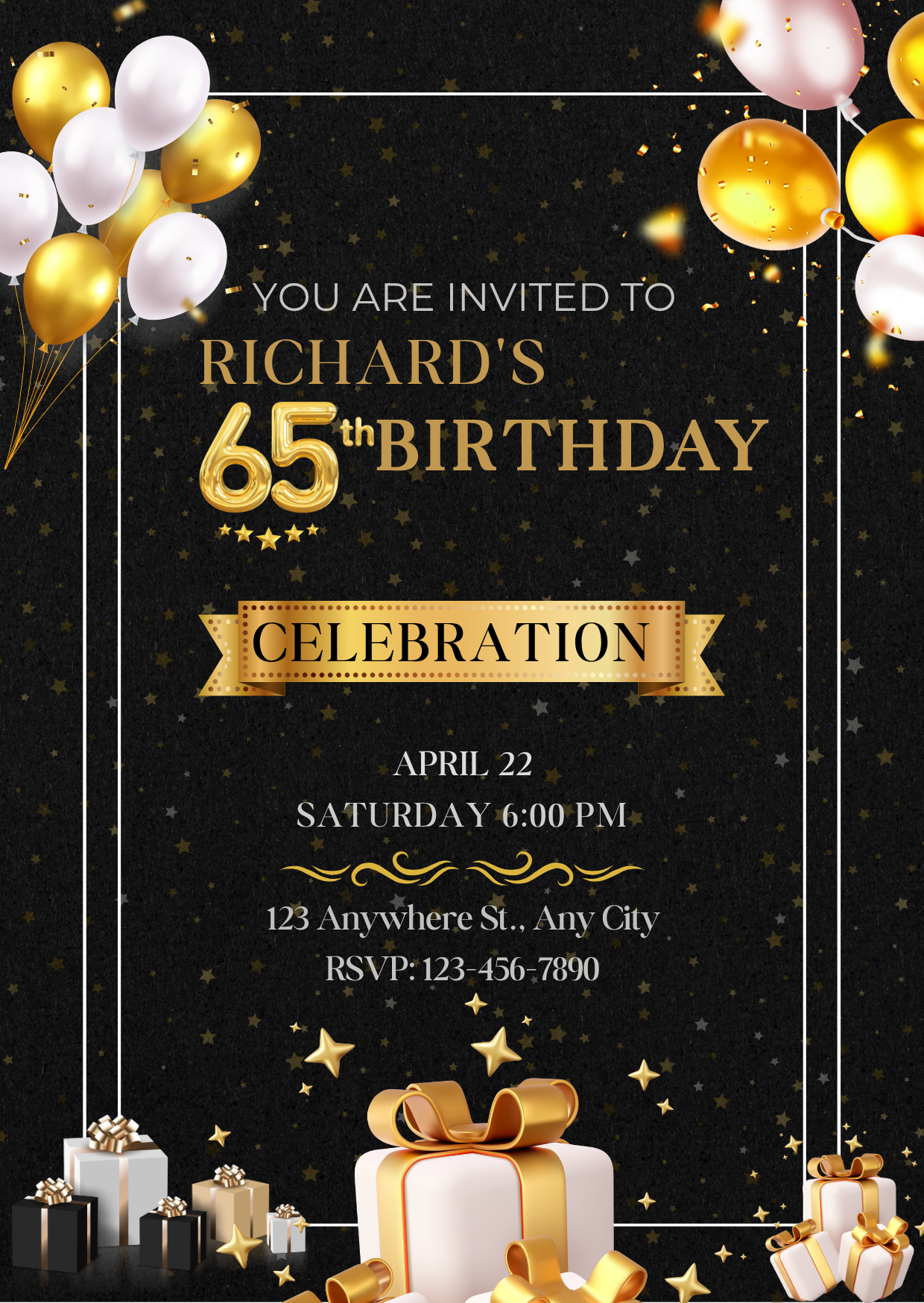 65th Birthday Celebration Digital Invitation - Classy Design Birthday Party Invite