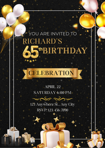 65th Birthday Celebration Digital Invitation - Classy Design Birthday Party Invite