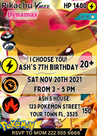 Pikachu Birthday Party Digital Invitation - Custom Pokémon Party Card Invite