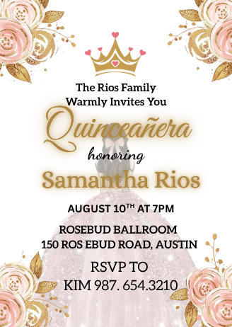 Pink & Gold Floral Princess Quinceanera Card Invitation - Elegant Royal Digital Card invite