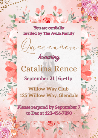 Gold Frame & Pink Wash Theme Quinceanera Card Invitation - Personalized Digital Invite
