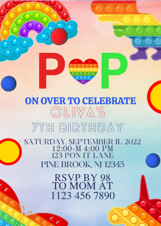 Fun Pop It Digital Birthday Card Invitation - Digital theme Party Card invitation