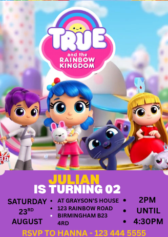 Magical True and the Rainbow Kingdom Digital Invitation - Personalized Party Card Invite