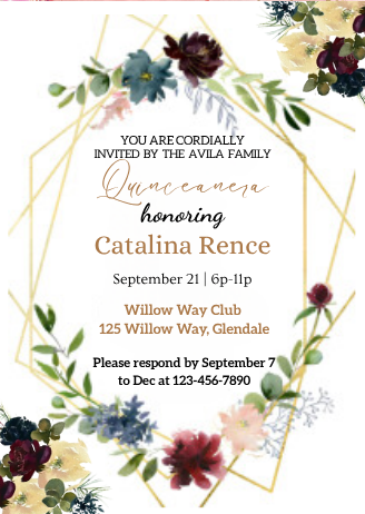 Elegant Floral Quinceañera Invitation – Burgundy, Navy & Gold Theme