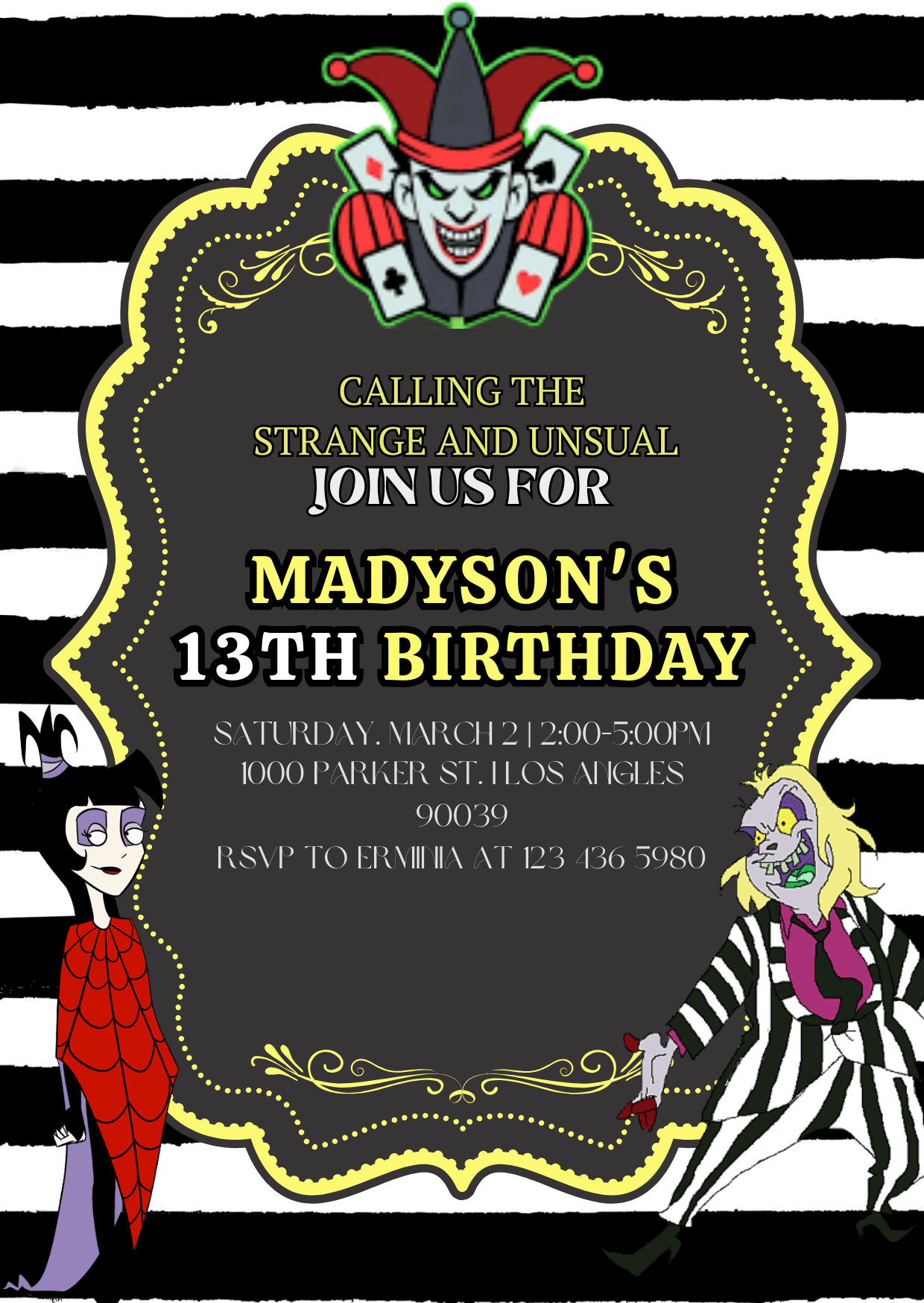 Customize Beetlejuice Theme Birthday Card Invitation - Halloween Digital Kids Party Invite