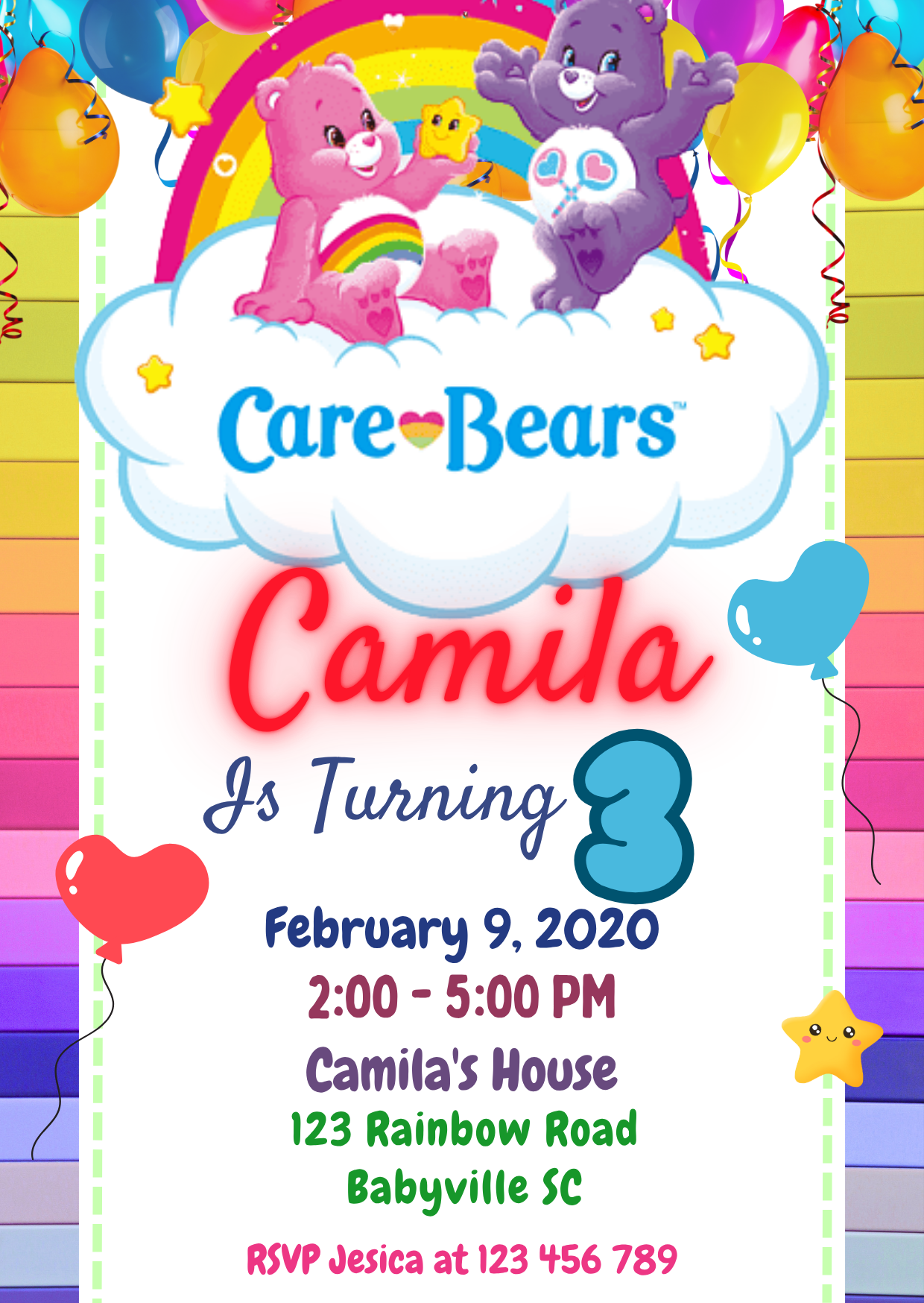 Care Bears Theme Party Card Digital Invitation - Custom Baby Shower Party Card