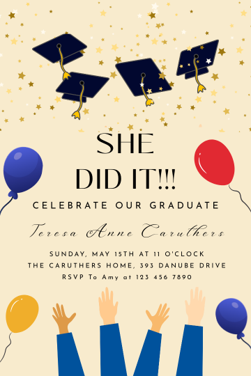Custom Hats in the Air Graduation Card Invitation - Personalized Theme Party Invites