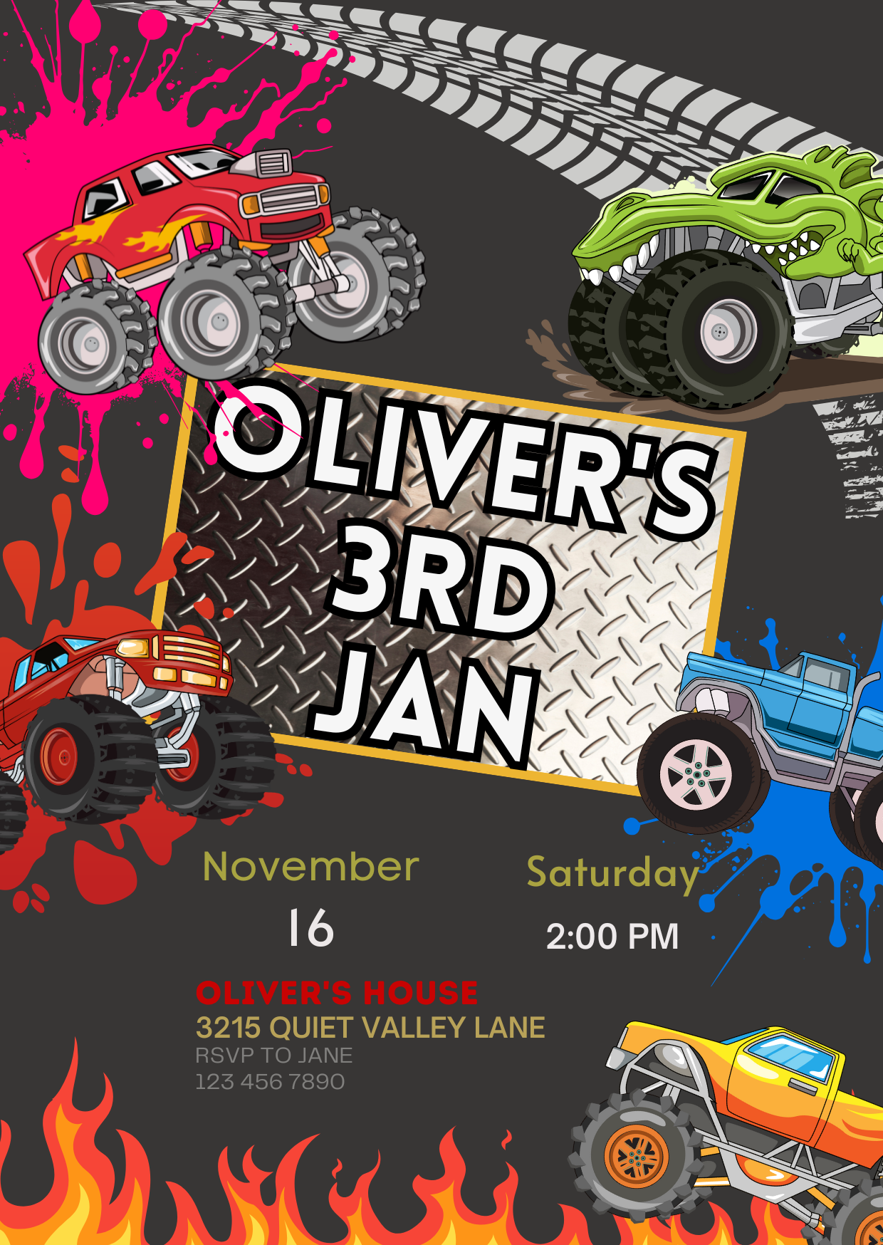 Exciting Monster Trucks Jam Digital Birthday Card Invitation - Monster Truck Card Invite