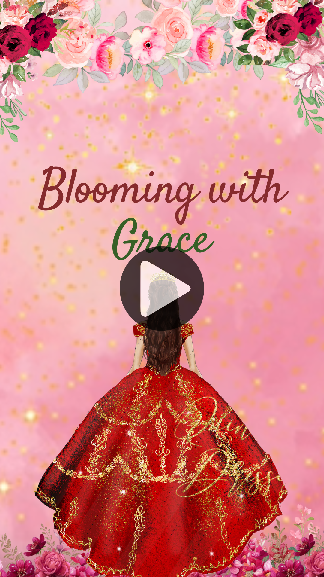 Burgundy Floral & Gold Quinceanera Video Invitation - Quinceanera Theme Digital Invite
