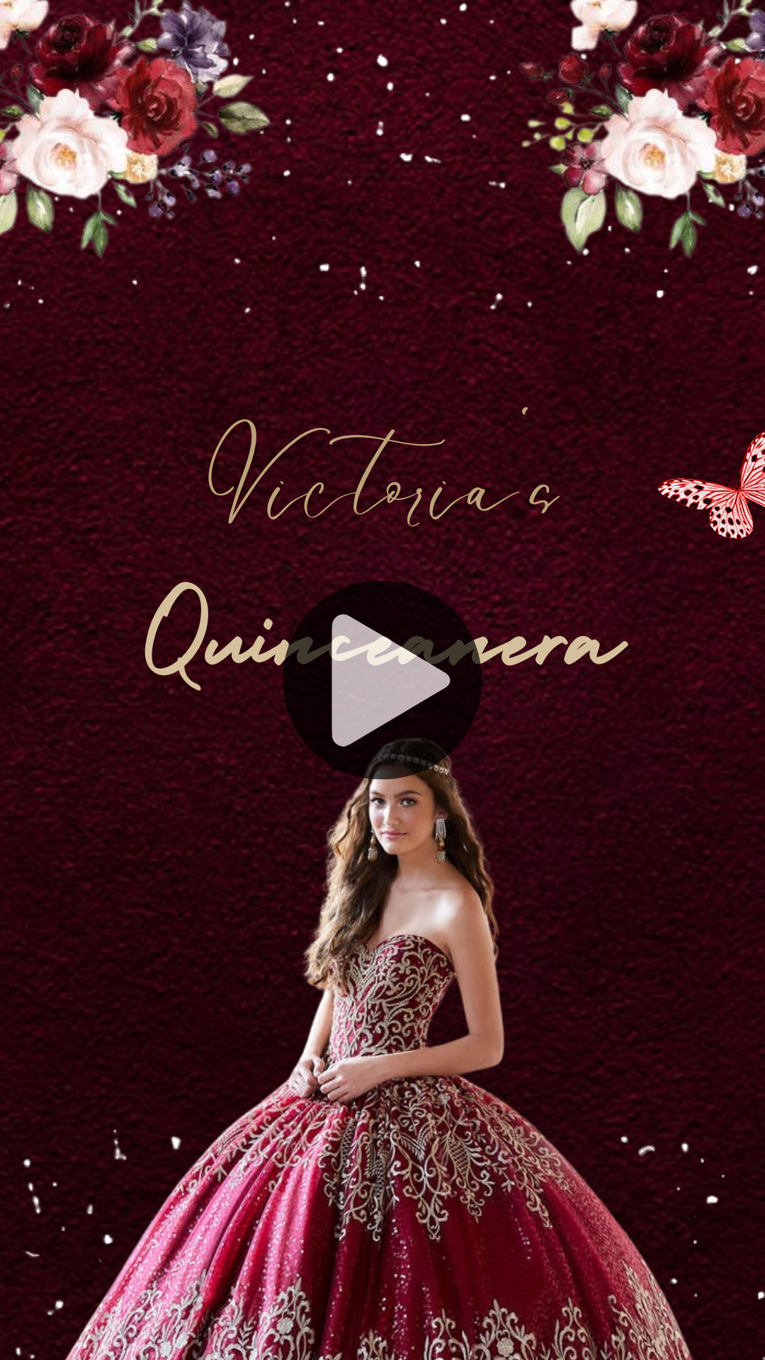 Burgundy Floral & Gold Quinceañera Video Invitation - Burgundy Floral & Gold Quinceañera Theme Digital Invite